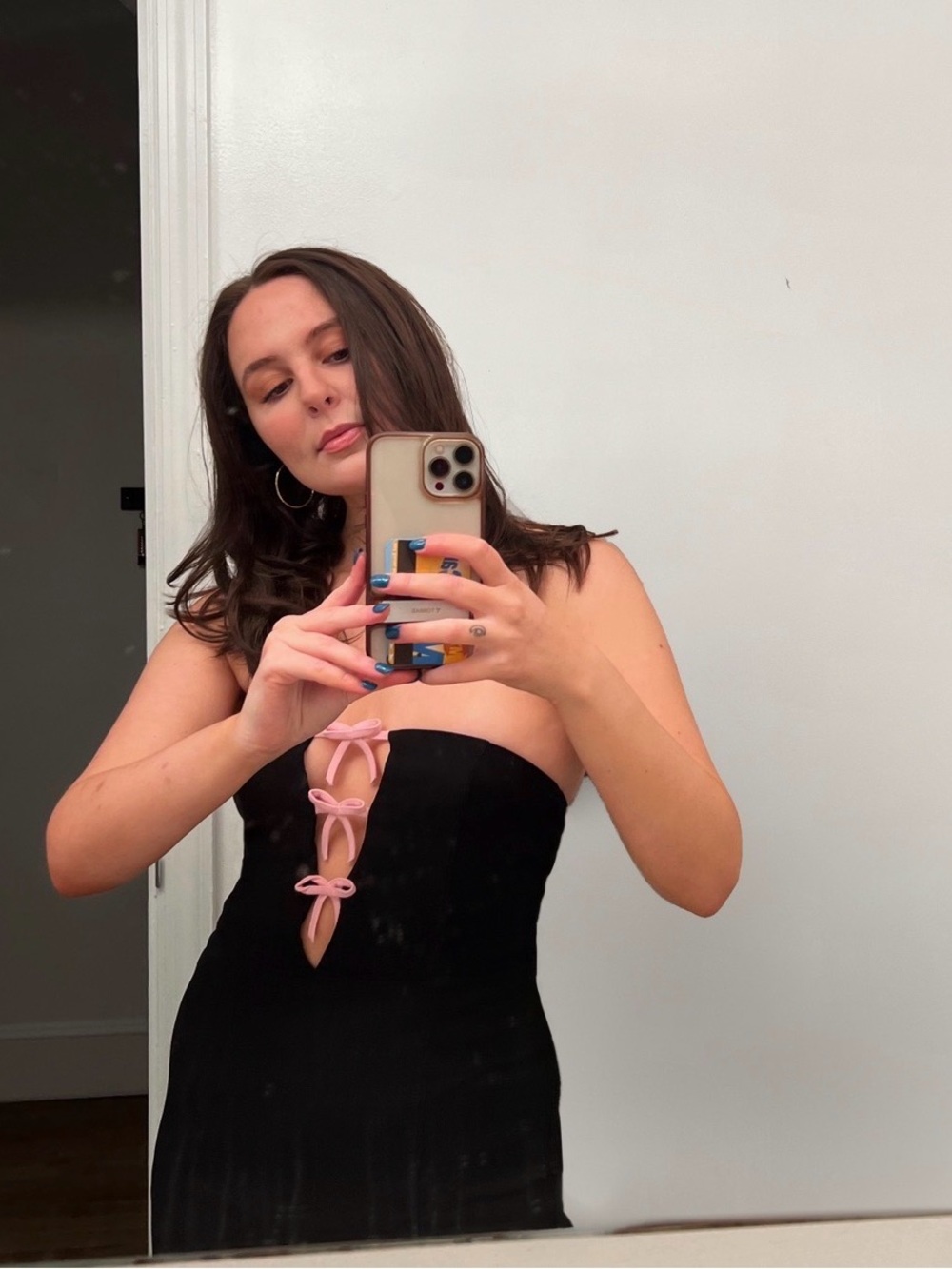 Motel Rocks Black Strapless Mini Dress with Pink Bow Front Detail